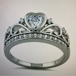 925 Sterling Silver Heart  Princess Crown Clear CZ Ring
